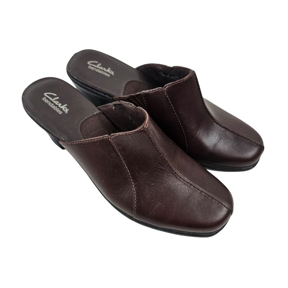 Clarks Bendable Womens Size 7M Mule Shoes Brown Leather Slip On Block Heel